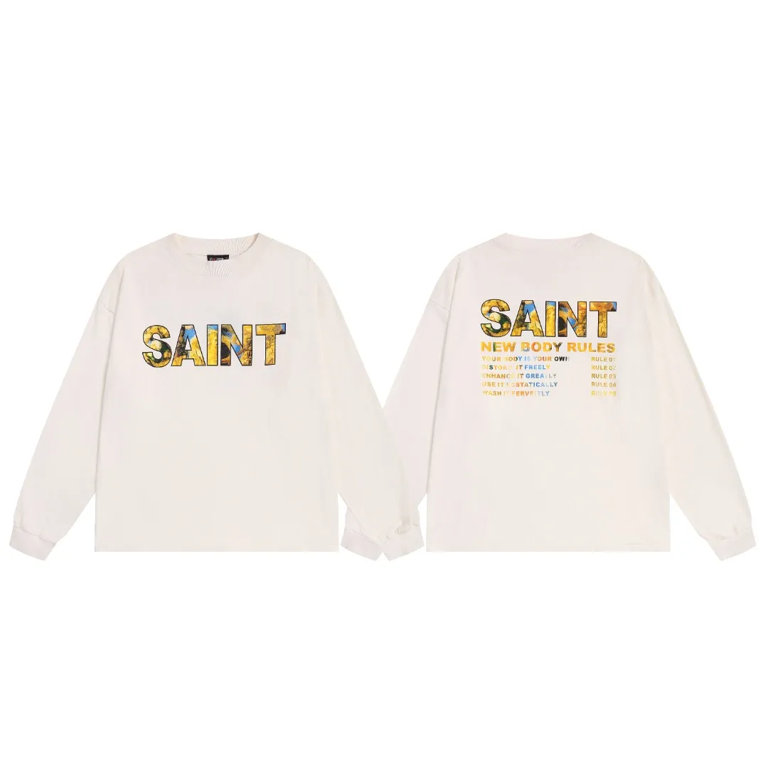 SAINT Michael FW25 vintage distressed round neck long-sleeved T-shirt with oil painting letters printed on the chest for spring and autumn. Fabric: 260g Style number: SM663 Size: S-M-L-XL Color: White Price: P144